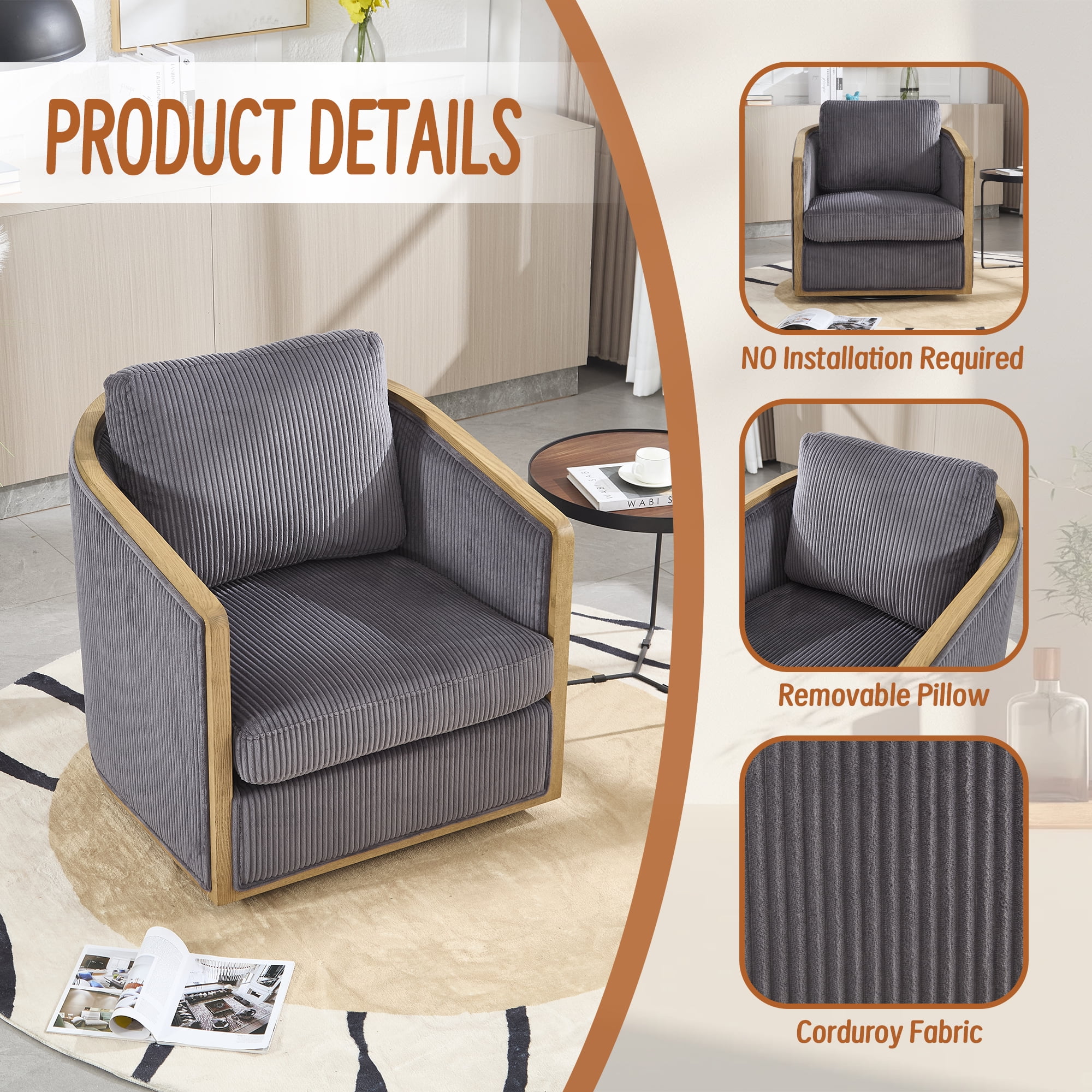 MOONMISS Corduroy Upholstered 360°Swivel Comfortable Round Barrel Chair for Living Room,Bedroom-Dark Gray