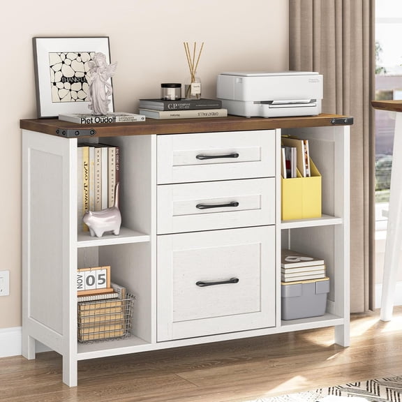 Themis File Cabinet with 3 Drawers, Farmhouse Lateral File Cabinet Fits Files Letter/A4 Size, Wooden Filing Cabinet with Adjustable Shelves Printer Stand for Home Office, White