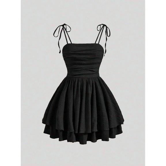 Black Ruched Tie-Shoulder Pleated Mini Dress For Women