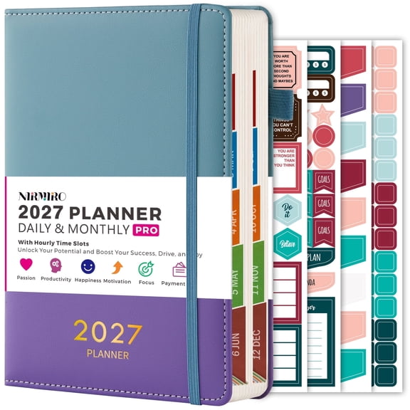 NIRMIRO 2027 Daily & Monthly Planner, Jan 2027 – Dec 2027, A5 Hardcover Leather Calendar Book with Hourly Schedule, 12 Tabs, 4 Stickers & Storage Pocket, for Work, Home & School, 5.7"x8.4"