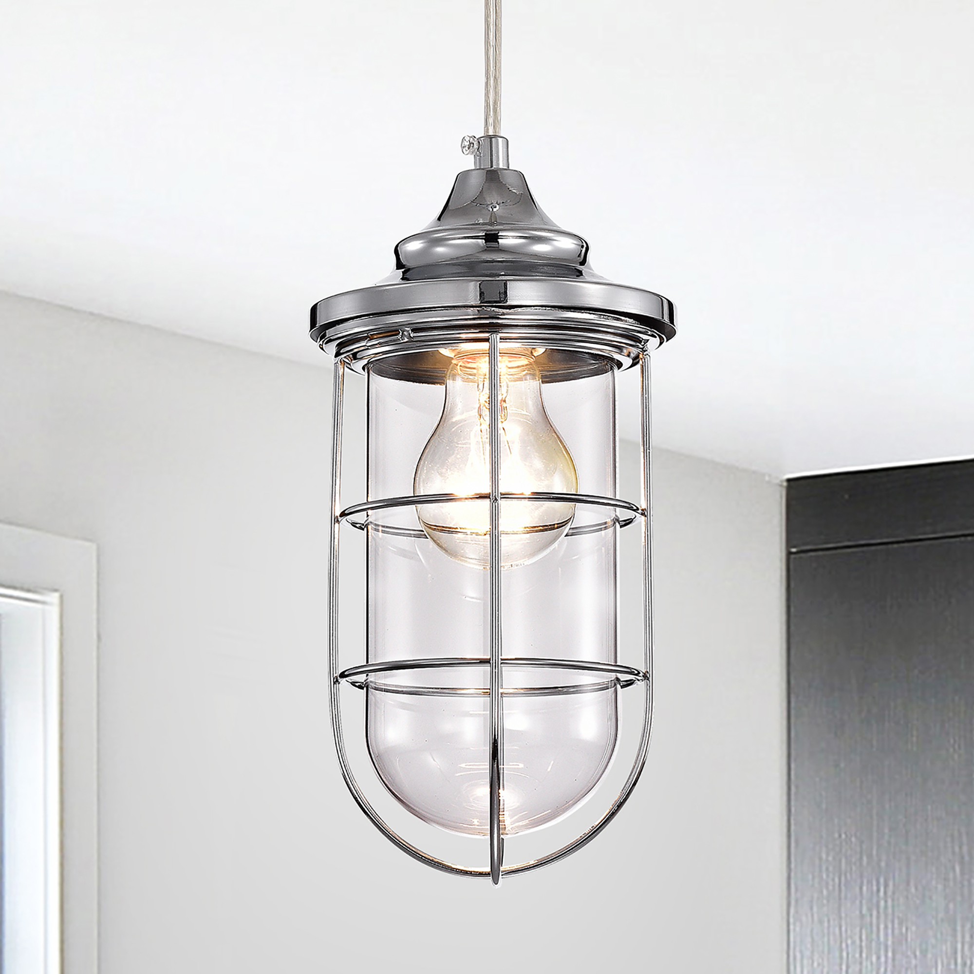 Warehouse of Tiffany Tiago Chrome 1 Light Clear Glass Shade Pendant Lamp