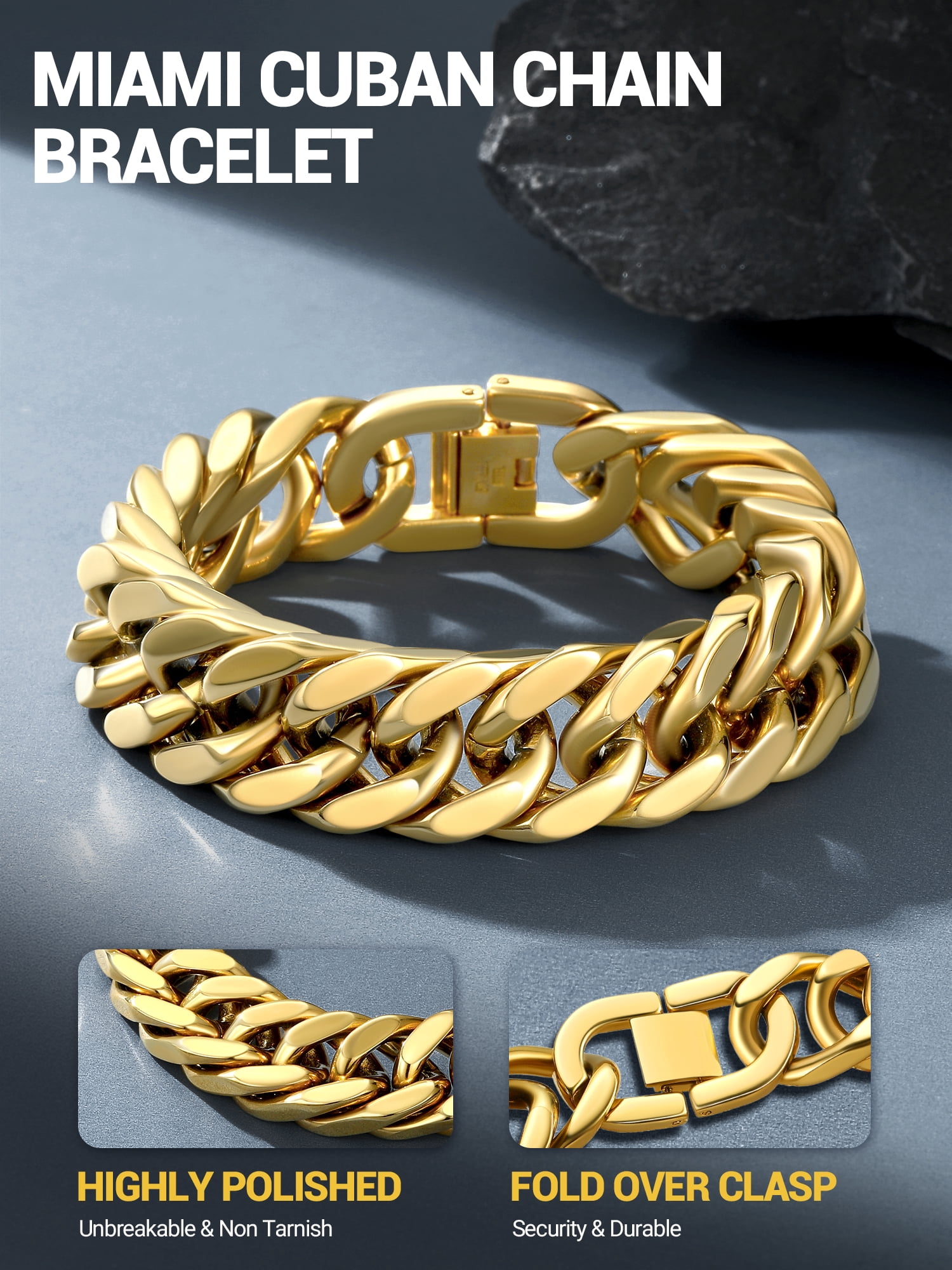 PROSTEEL Men Stainless Steel 17mm Cuban Chain Bracelets Chunky Franco Gold Plated Chain Bracelet 9 inch Chains Jewelry Birthday Valentine Graduation Father Day Gifts