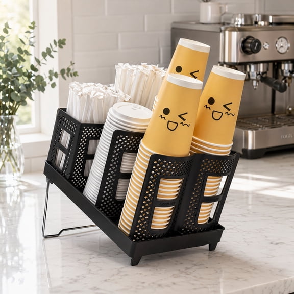 Coffee Cup Holder Organizer Unbreakable 2-IN-1 Paper Cup and Lid Holder with Straw Organizer, Adjustable Paper Cup Holder for Countertop Coffee Station Bar Restaurant Breakroom Kitchen Office