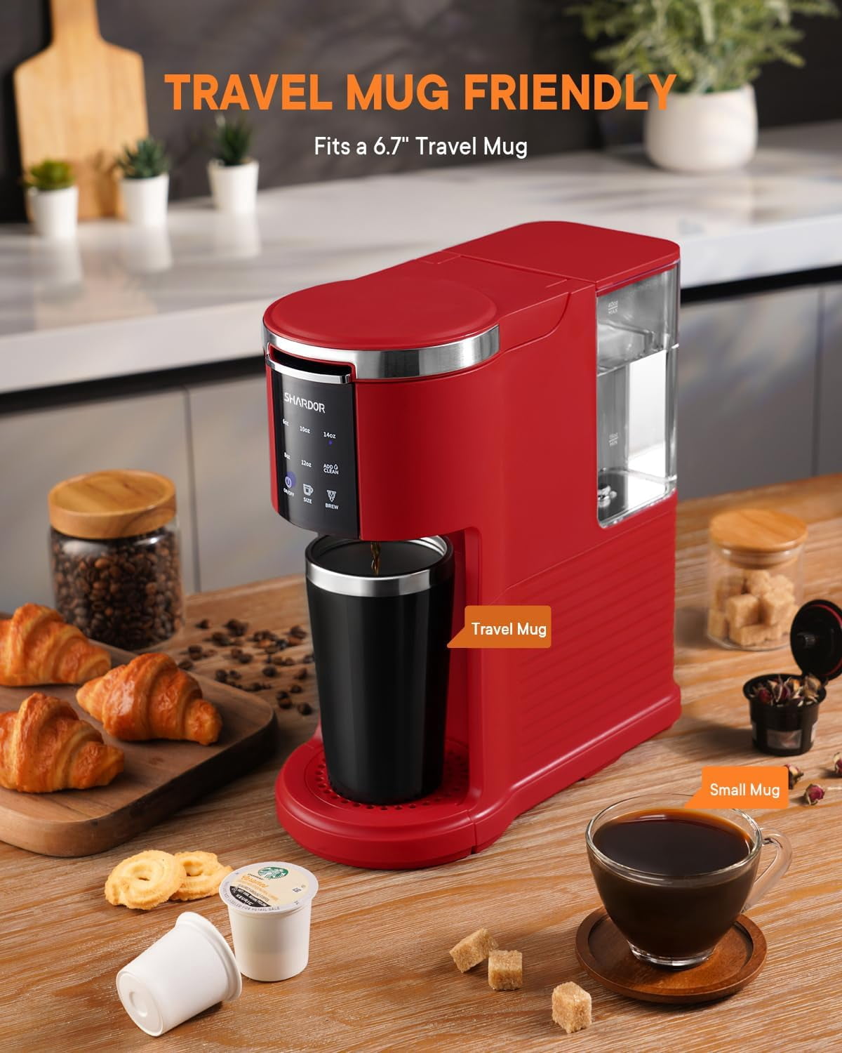3 in 1 Single Serve Coffee Machine, K Cup Coffee Maker Compatible with Ground Coffee & Teas, 6 to 14oz Brew Sizes, 40oz Removable Water Tank, Descale Settings, Red