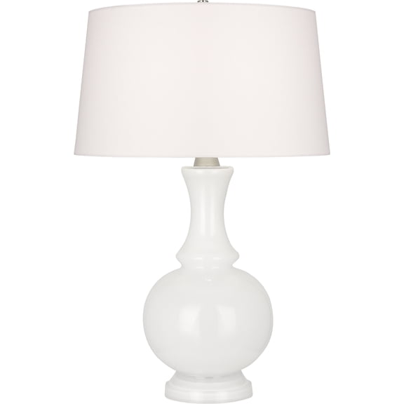 Harriet Table Lamp - Elegant White Glass with Polished Nickel Accents, Off-White Linen Shade, Dimmable 27-inch Lighting Fixture for Home Decor
