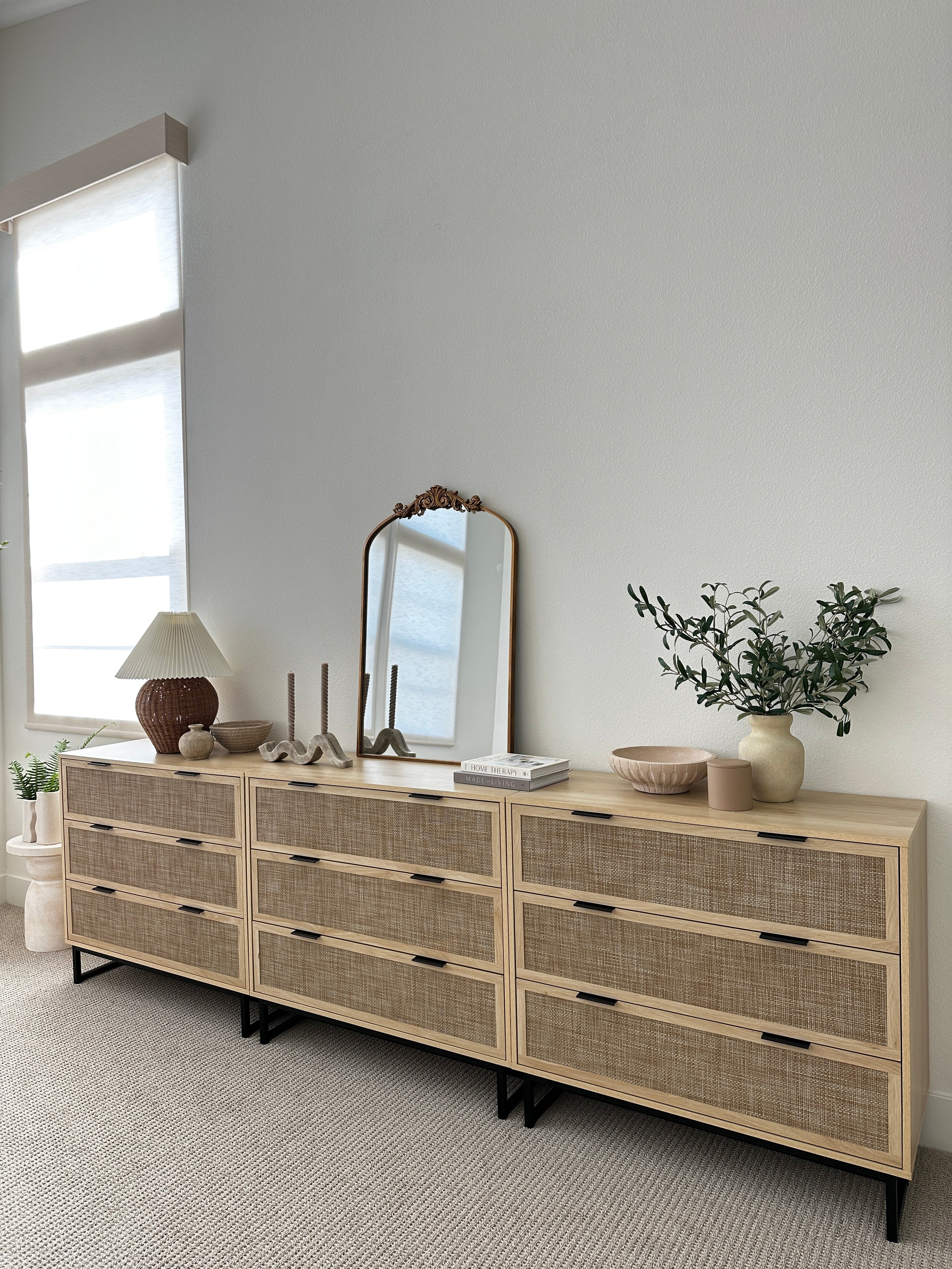 Nathan James Kova 3-Drawer Rattan Dresser or Boheminan Living Room Storage Cabinet with Textiline Rattan Accent and Metal Legs, Light Oak/Black
