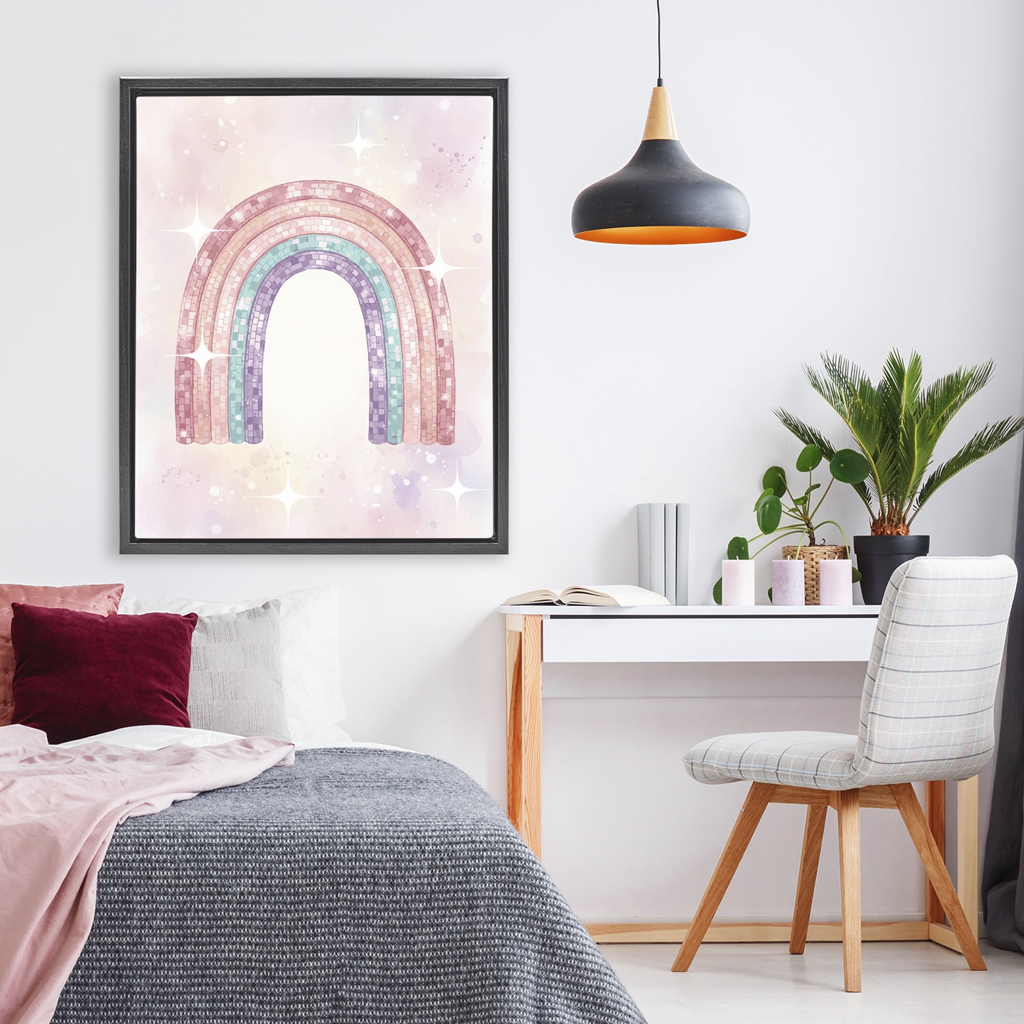 Stupell Industries Pastel Disco Rainbow Sparkles Black Framed Floater Canvas Wall Art, design by Lil' Rue