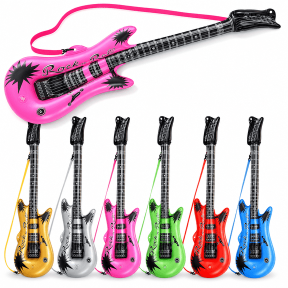 Rykon Inflatable Guitars for Kids, Pack of 6, 36-Inch Neon Blow Up Guitar Instruments, Party Favors, Giveaways, Photo Booth Props, Rock Star Birthdays & Party Decorations