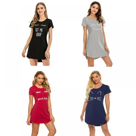 

DROPSHIPPING!Cotton Nightdress Ladies Solid Color Cartoon Nightdress O-Neck Short Sleeve Homewear Summer Plus Size