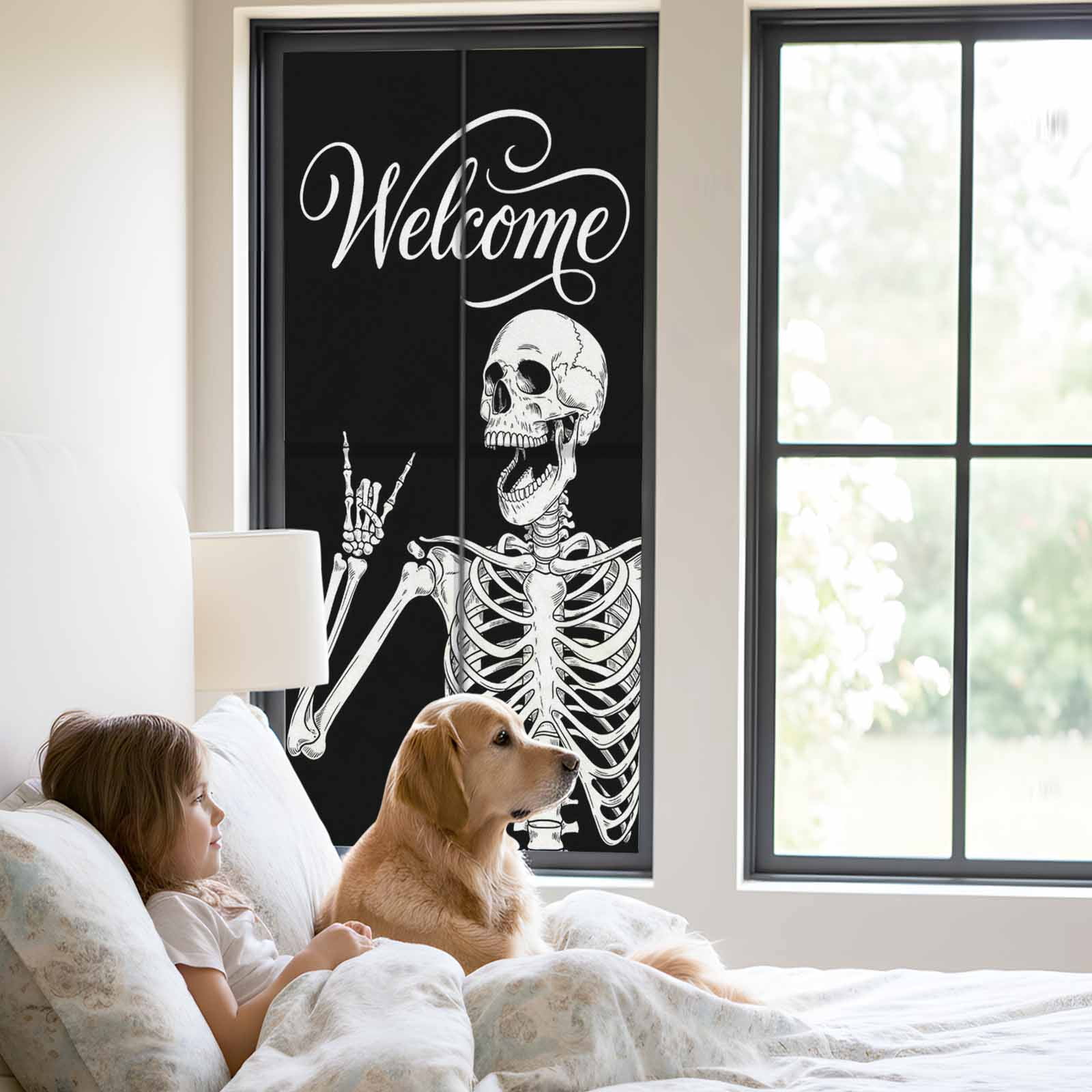 Welcome Skull Window Privacy Film, Funny Skeleton Abstract Black Background Frosted Glass Window Clings Static Cling UV Heat Blocking Reusable Door Sticker for Bathroom 23.6 x 59 Inch