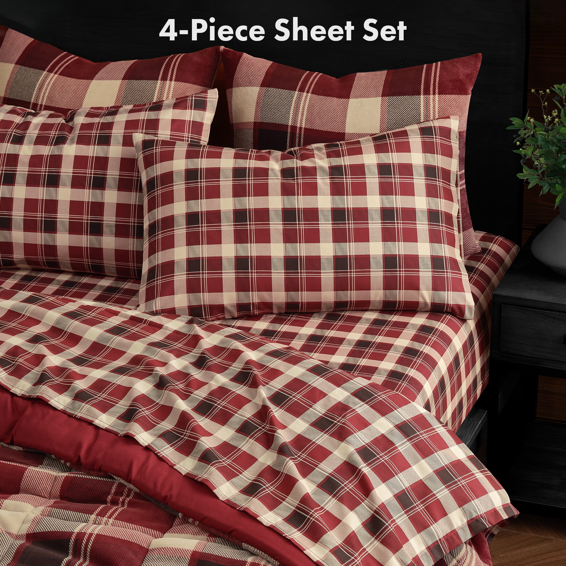 Pawz Full Sheet Set, Soft Microfiber Printed Bed Sheets with 2 Pillowcases, Red Plaid, Full Size