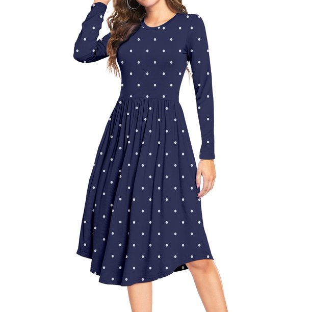MLANM Women Long Sleeve Polka Dot Casual Modest Work Midi Knee Length