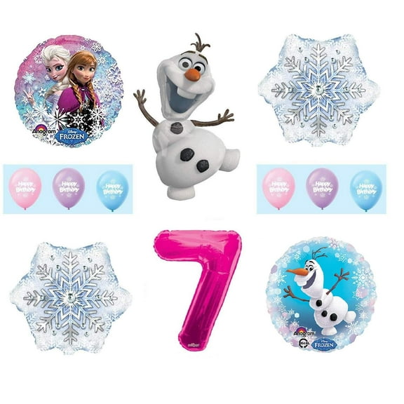 Frozen 7th Birthday Anna ELSA Olaf Snowman Snowflake 12 Piece Birthday Party Balloons Bouquet Set Pink