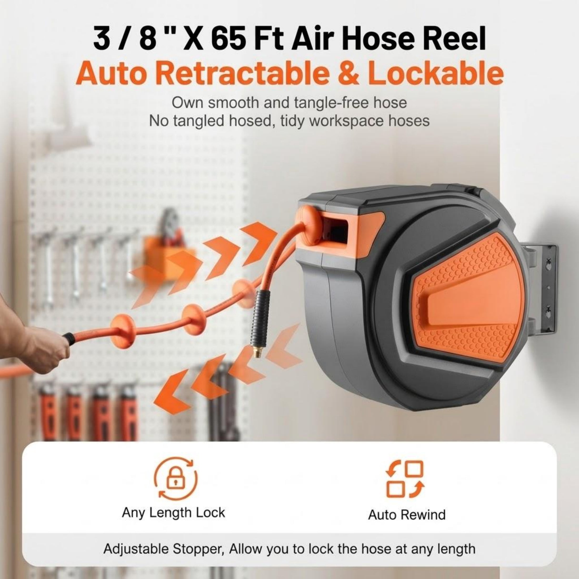3/8" x 65 ft Retractable Air Hose Reel, Hybrid Hose Max 300 PSI, Auto-Rewind with 6.6 ft Lead, Ceiling/Wall Mount, 180° Swivel Bracket