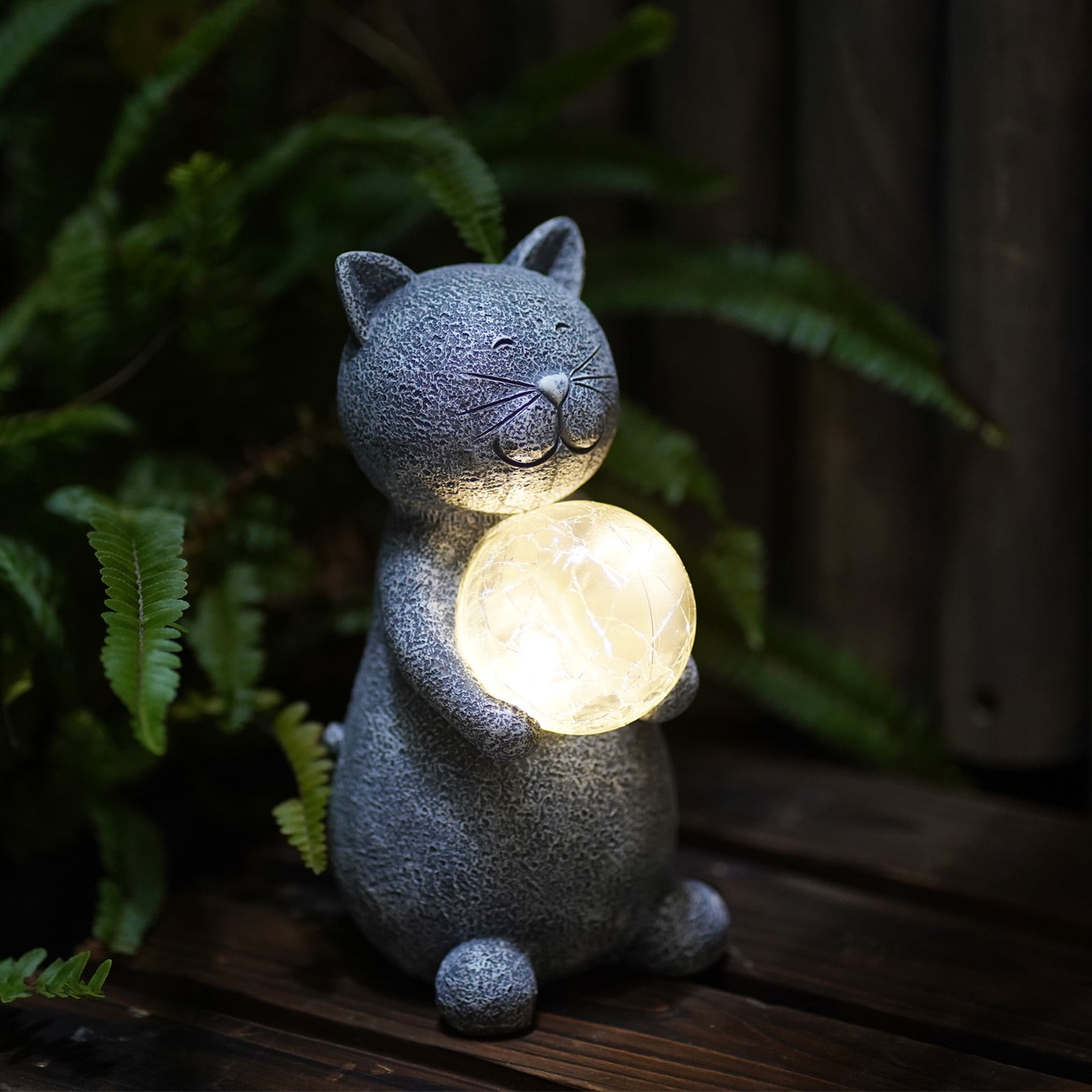 Goodeco Cat Statue Garden Decor Solar Powered LED Lights - Cats Figurines with Gazing Solar Ball Decorations for Patio Lawn Yard Decor - Gifts for Women/Mom Birthday Grey