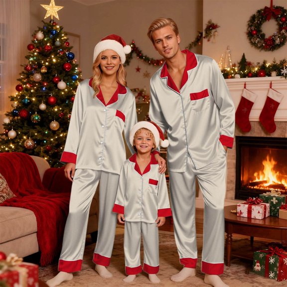 Family Christmas Pajamas Satin Christmas Pajamas Holiday Long Sleeve Button down Sleepwear Family Christmas Outfits