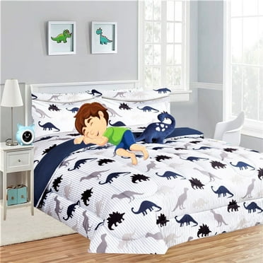 Kids girls boys comforter set bed in bag dinosaur white printed easy wash twin size 6 pieces super soft bedding décor