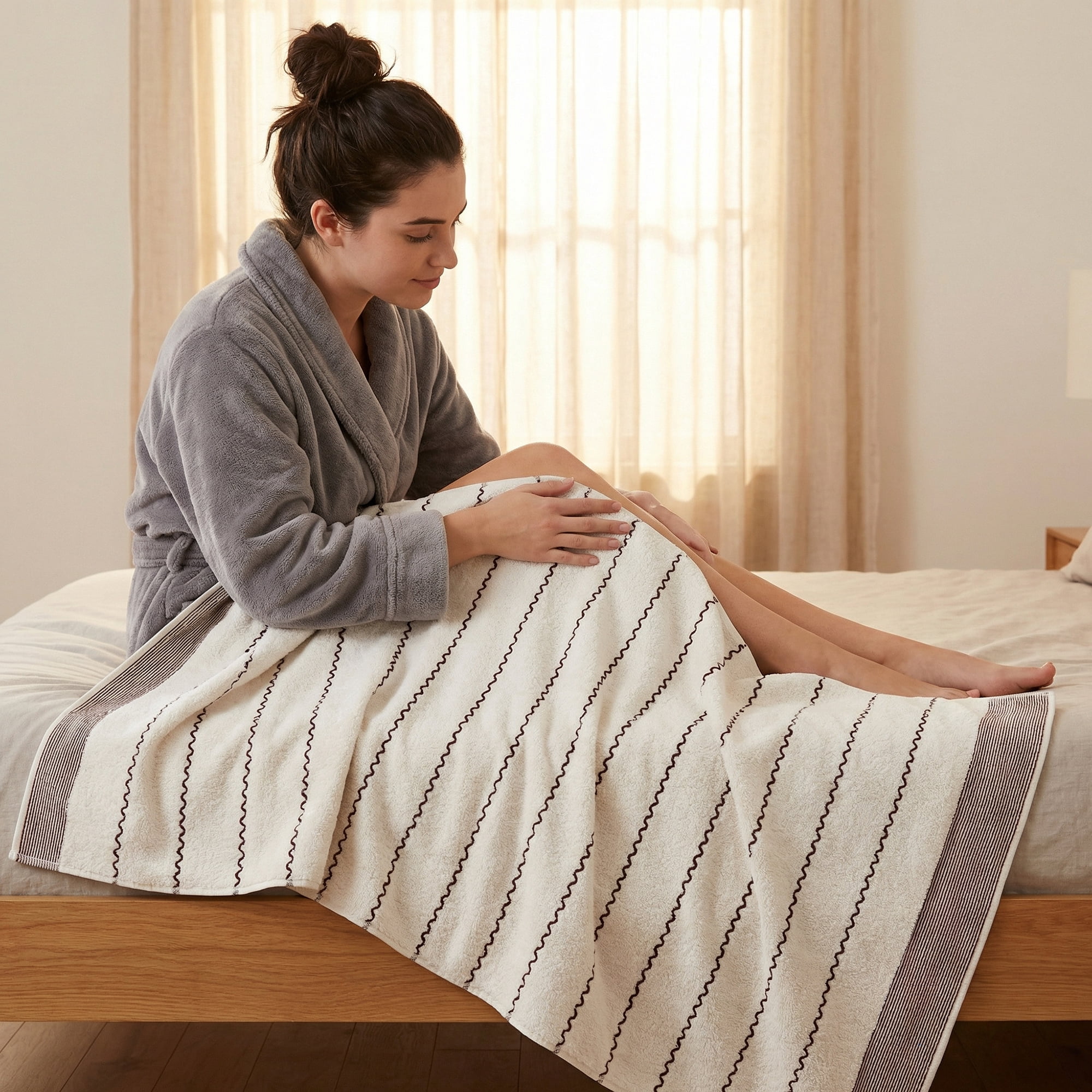 Unique Bargains Soft Highly Absorbent Cotton Stripe Bath Towel 2 Pack White/Blue 55"x28"