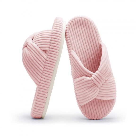 Haimao Tong Women’s Corduroy Bow Crossband Slippers Memory Foam Soft Open Toe Indoor House Slides