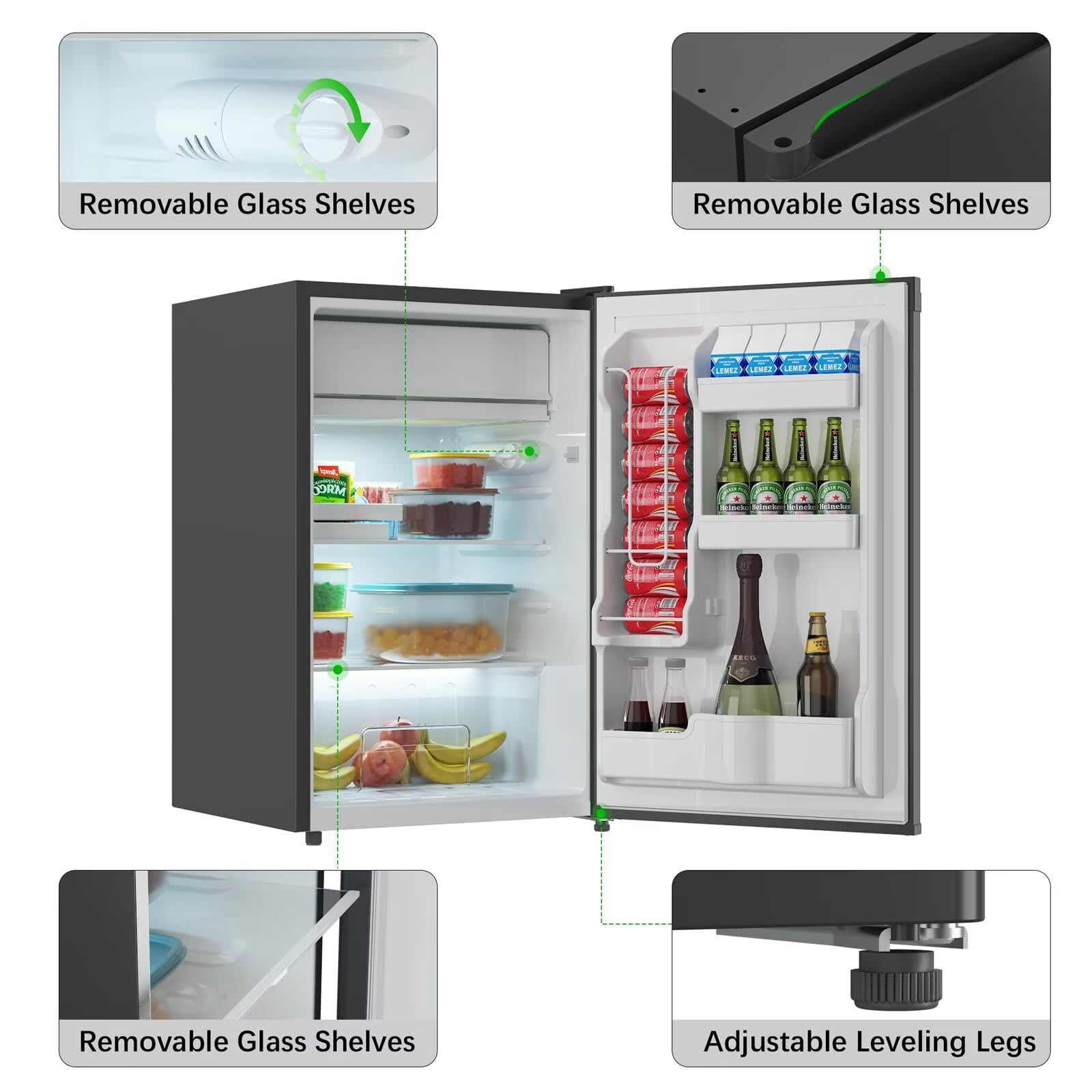 EastVita 4.3 Cu.Ft. Single Door Compact Refrigerator with Freezer - Slide Out Glass Shelf Compact Fridge for Bedroom Office Dorm-Black