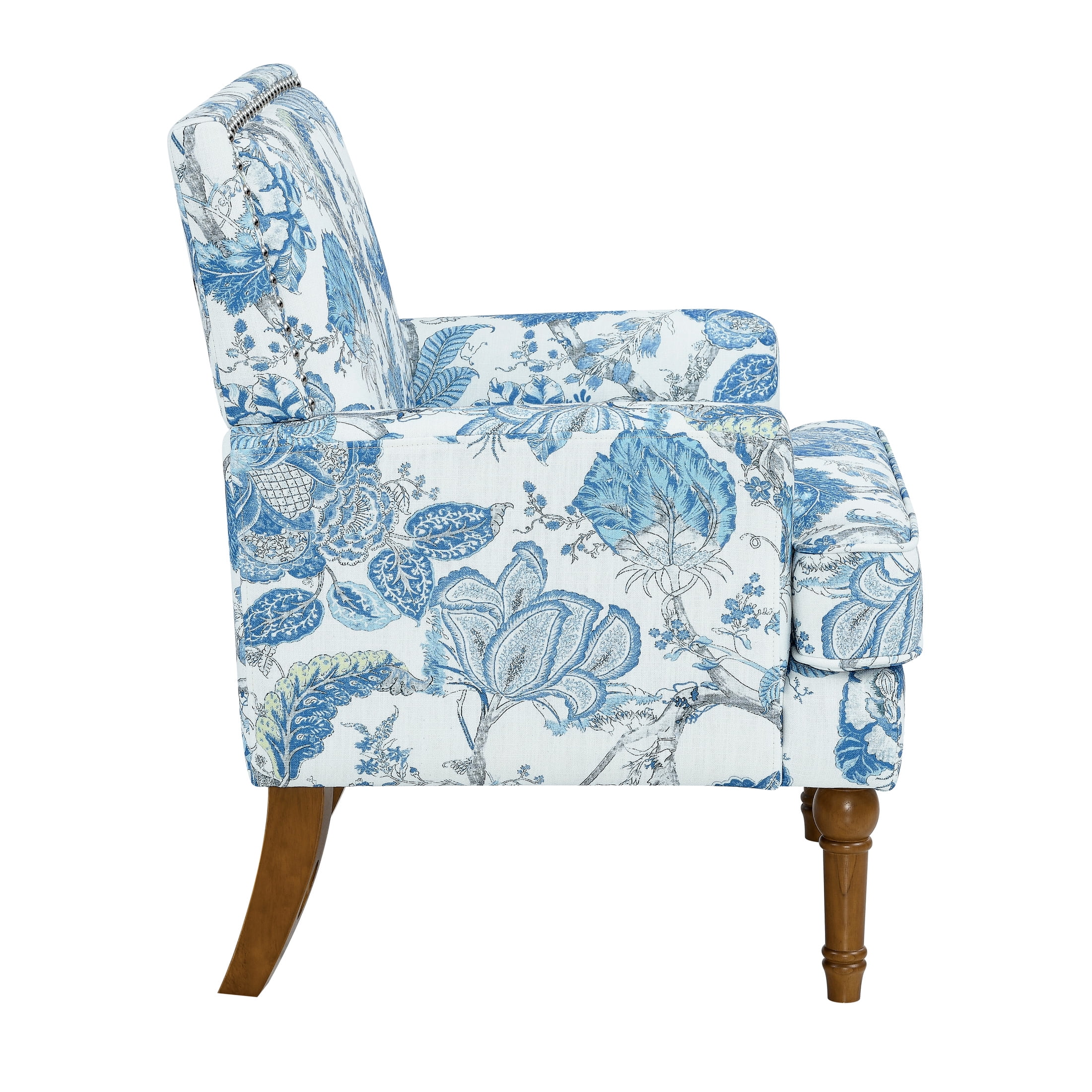 Noble House Floral Accent Chair with Nailhead Trim, Solid Wood Legs, Blue + White