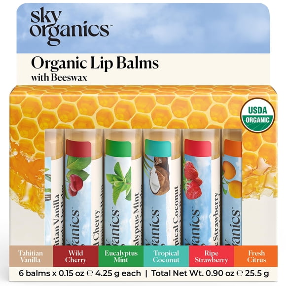 Bálsamo labial Sky Organics, cera de abejas orgánica, paquete de 6 sabores variados