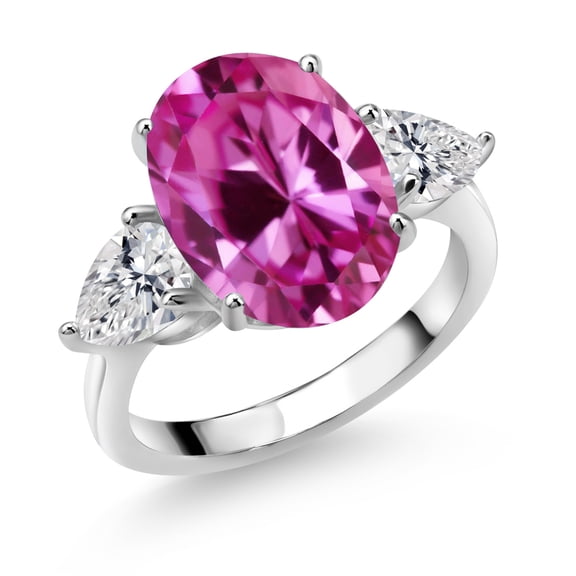 Gem Stone King 925 Sterling Silver Pink Created Sapphire and Lab Grown Diamond Engagement Ring for Women | 7.04 Cttw | Oval 14X10MM | Gemstone September Birthstone | Size 7