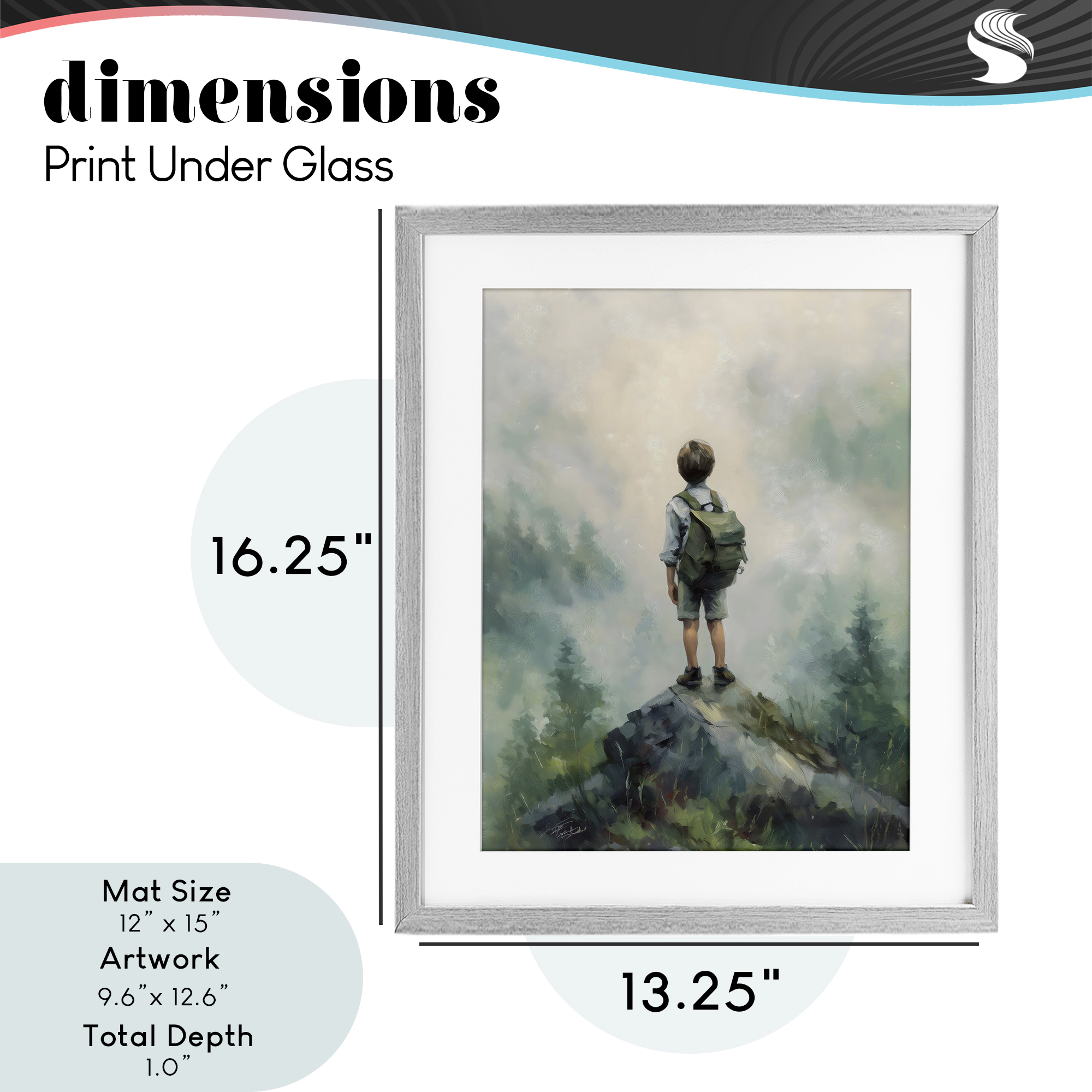 Boy Adventurer Atop Mountain Gray Framed Print Under Glass, design by Arlington Prints