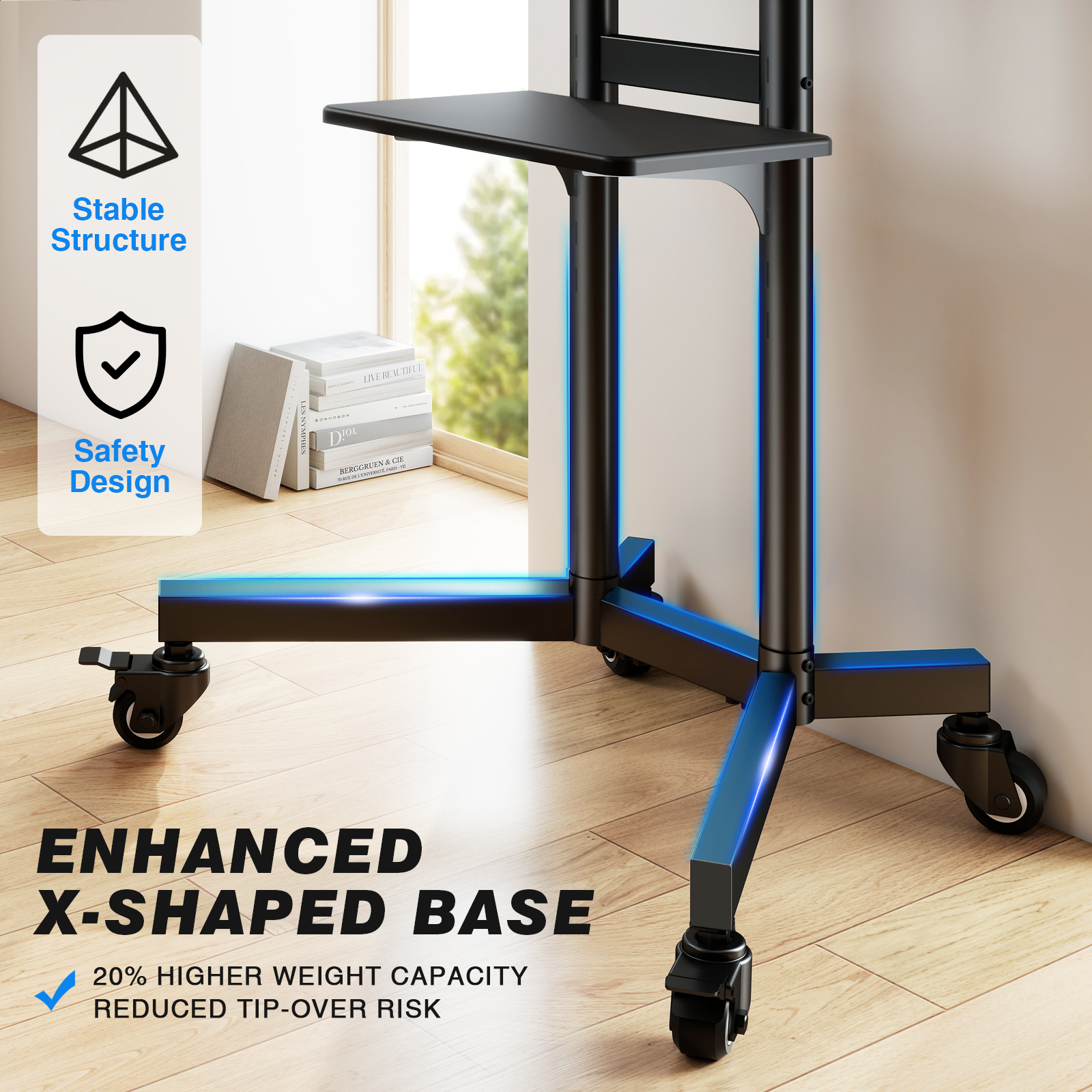 RTVR Modern Rolling TV Stand Cart with Wheels for TVs up to 85 inch, Black Swivel Mount Home Mobile Base