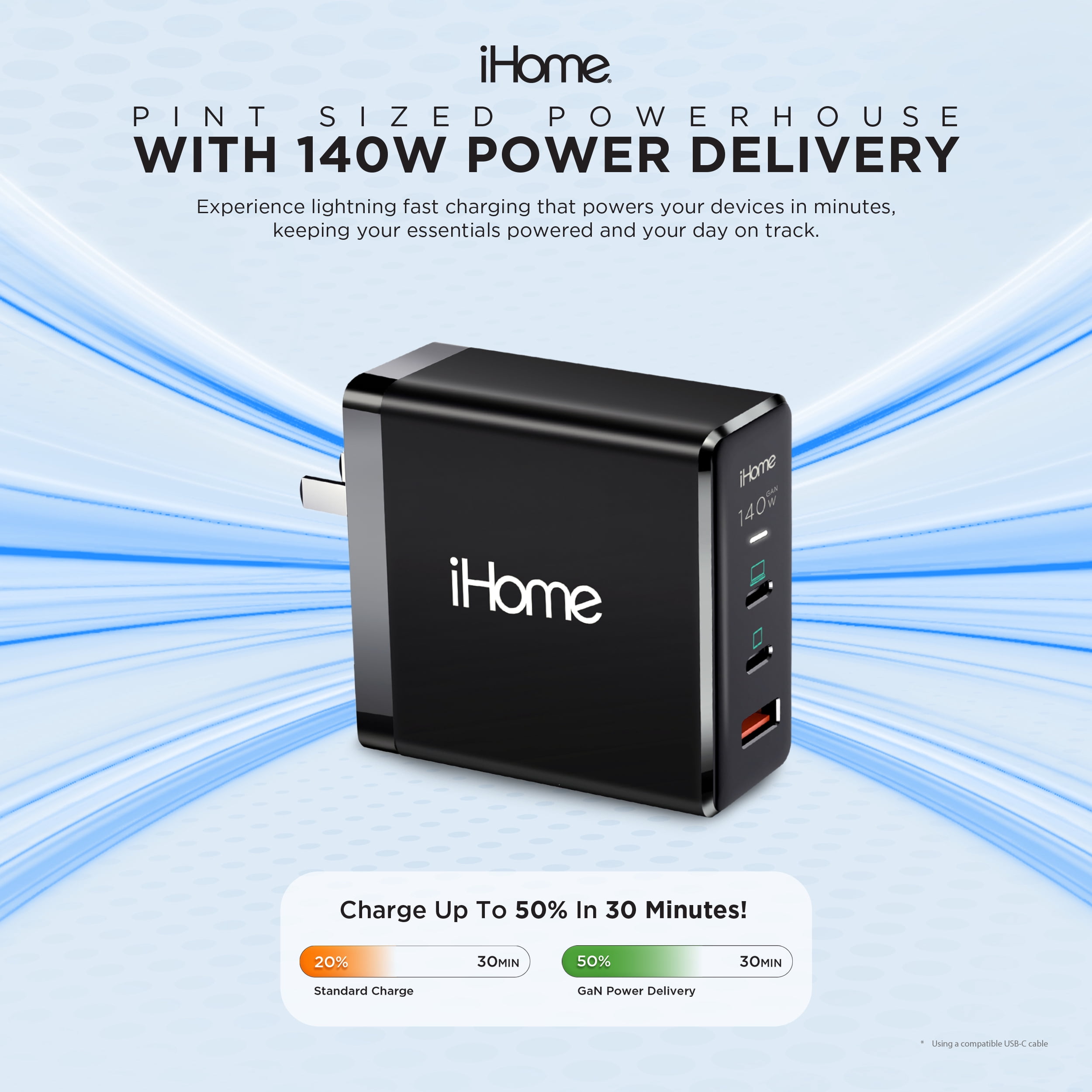 iHome 140W GaN Wall Charger with 6 ft USB-C Cable, Fast Charging, Powers Up to 3 Devices