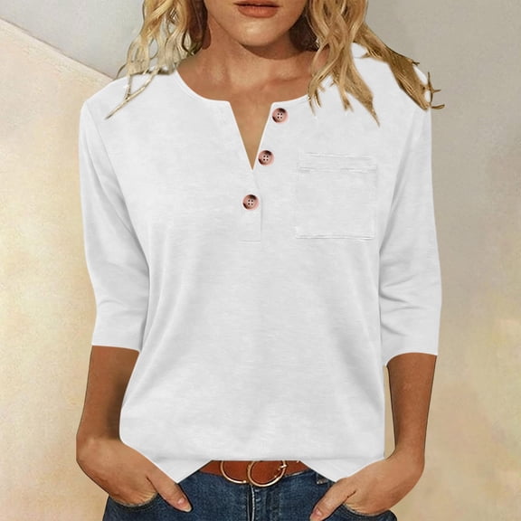 tarylea Tops for Women Trendy 3/4 Sleeve Crew Neck Button T-Shirts with Pocket Casual Loose Summer Plain Tops