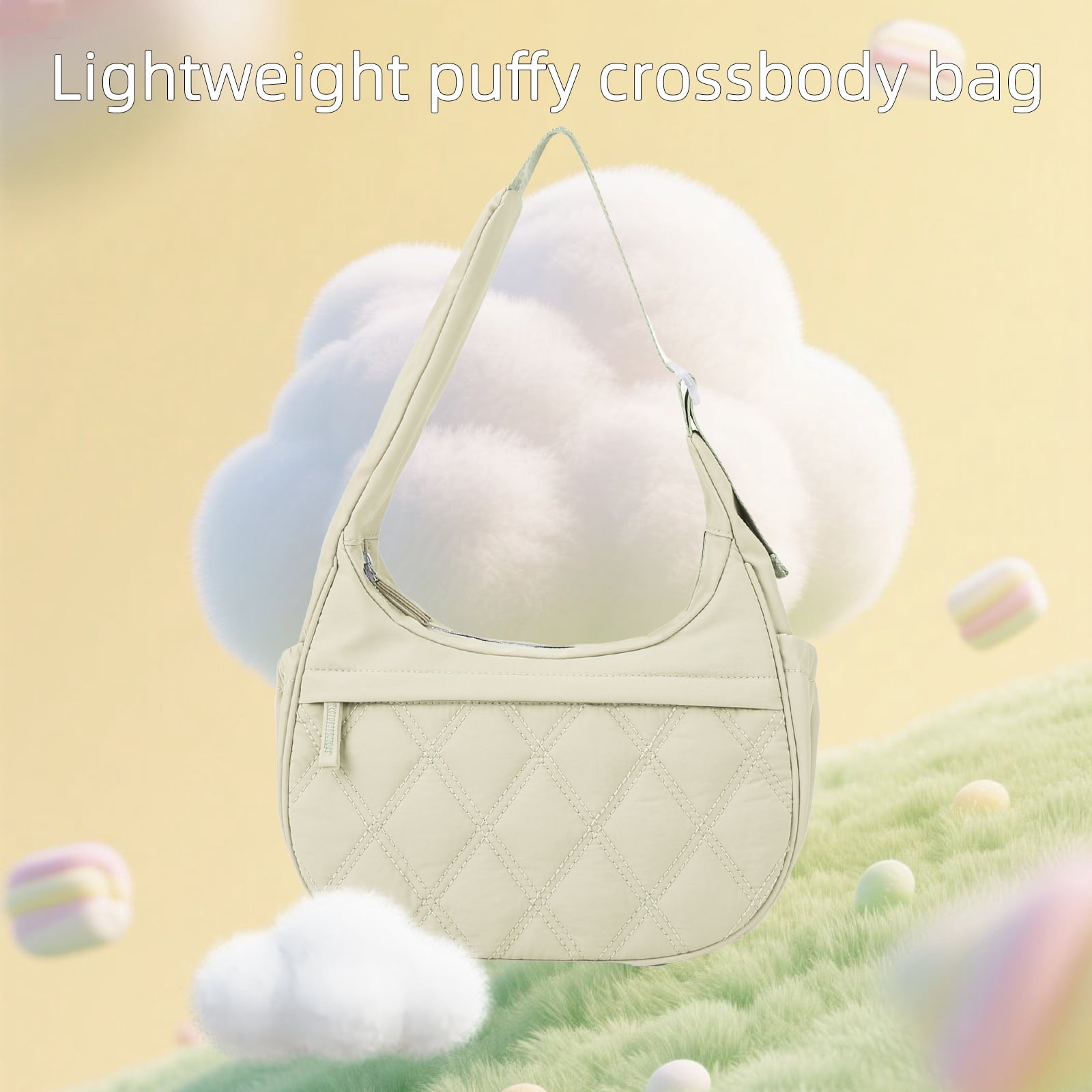 JANKS Small Puffer Crescent Shoulder Bag for Women, Nylon Quilted Puffy Crossbody Purse, Cute Hobo Shoulder Handbags （Green)