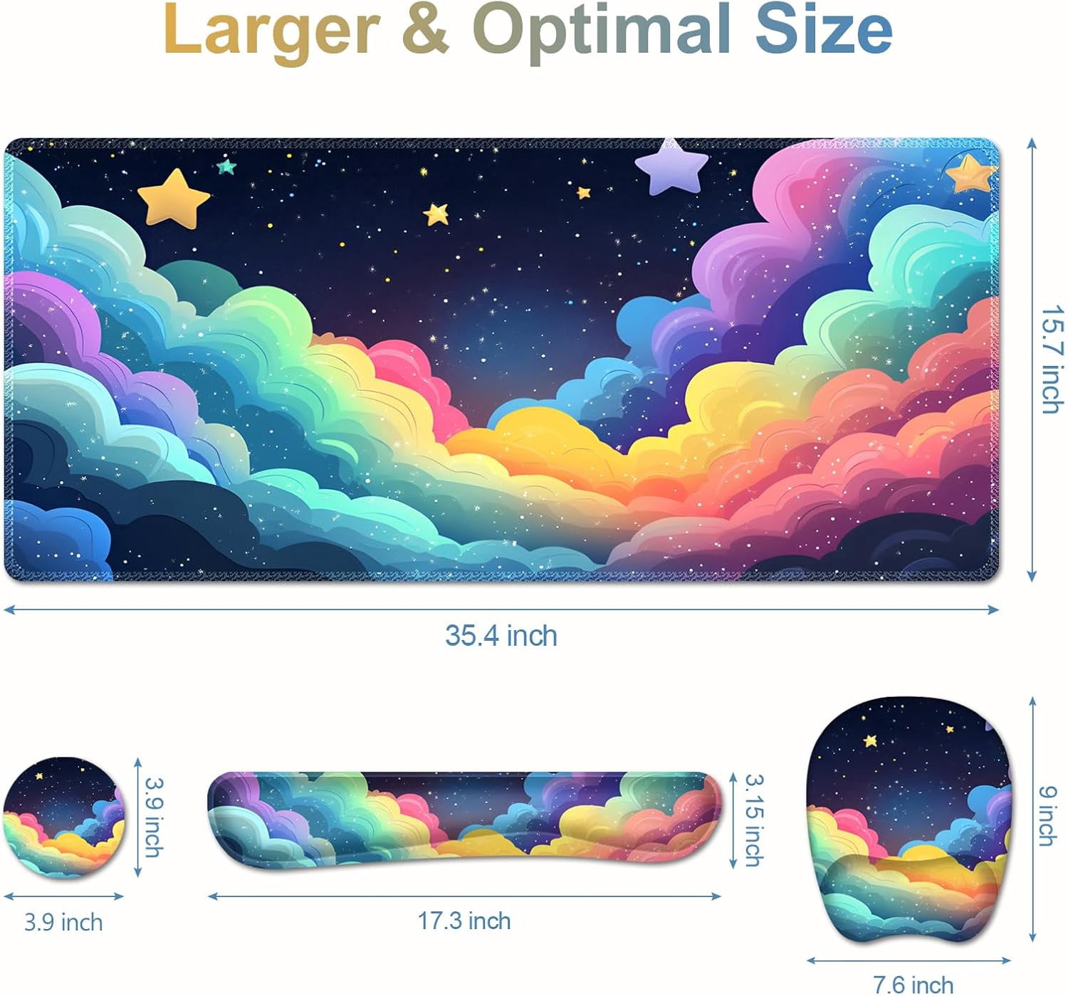 Mouse Pad with Wrist Support 4 in1 Set, XXL Big Game Mousepad + Keyboard Wrist Rest + Mouse Wrist Rest Pad +Coaster Gaming Mat for Home Office Work Computer Laptop I Colorful Clouds Starry Night