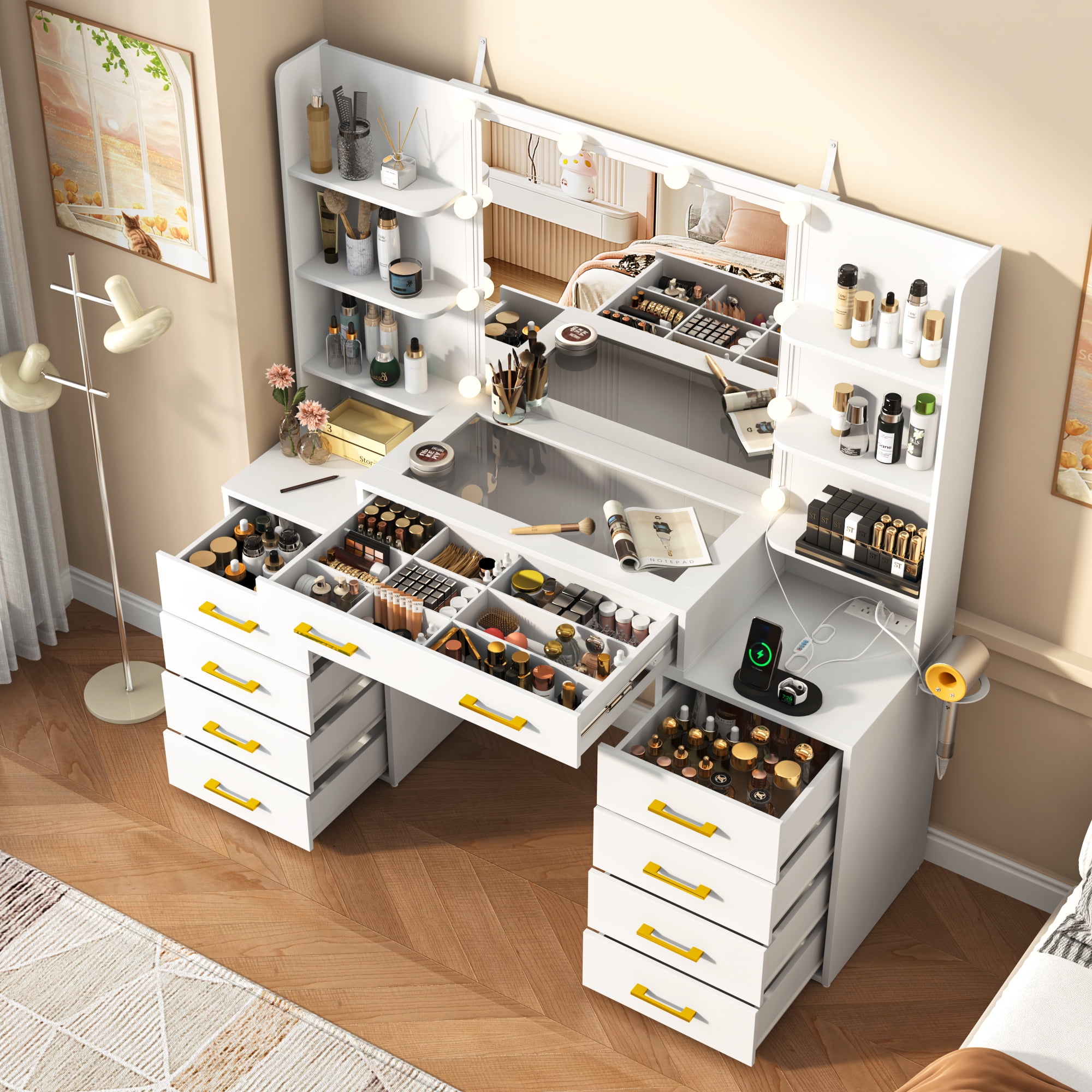 White Vanity Desk with Mirror & LED Lights, Glass Top Vanity Desk with Charging Station & Compartment Storage Drawers, 55" Large Makeup Vanity Table with 9 Drawers & 6 Shelves