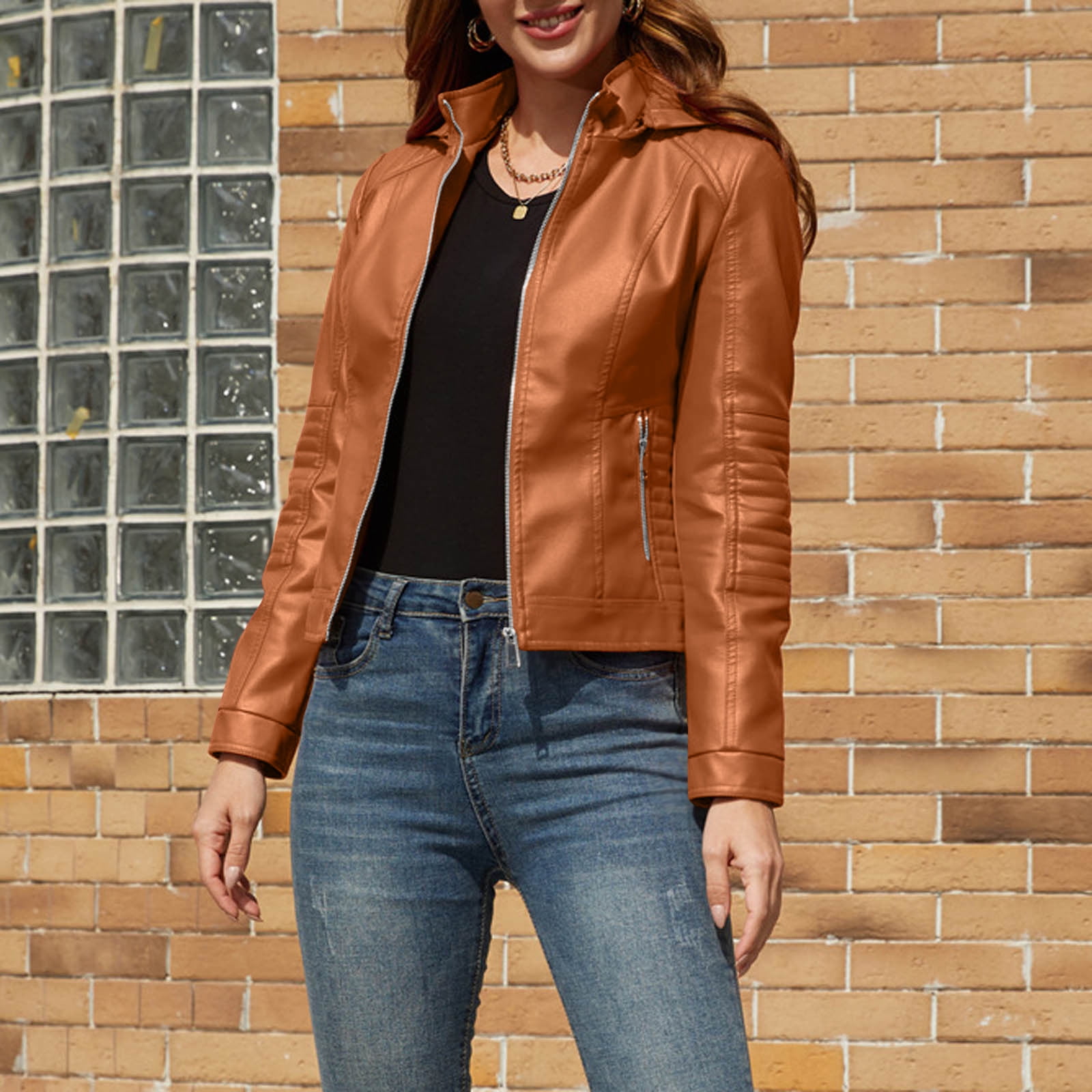 IROINNID Women's Faux Leather Jacket Long Sleeve Front Zip Pocket Biker Moto Jacket,Orange