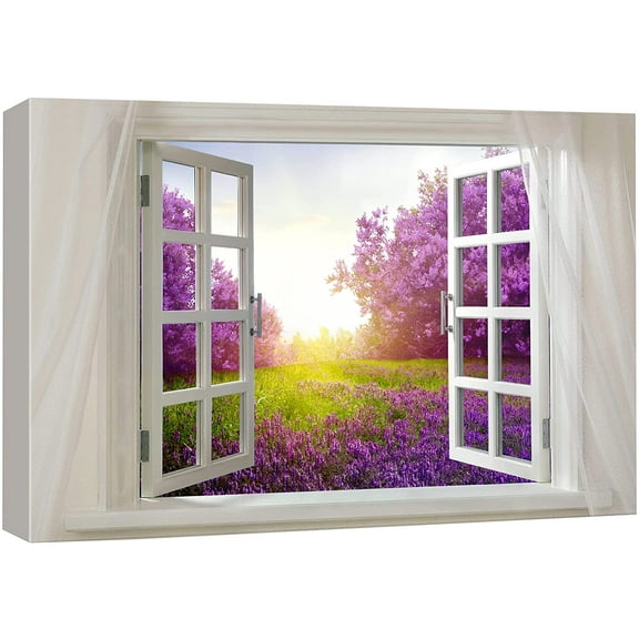 Glimpse into Beautiful Purple Landscape in Spring Out of Open Window Canvas Wall Art Stretched Canvas Prints | Giclee Printing Ready to Hang - 16"x24"