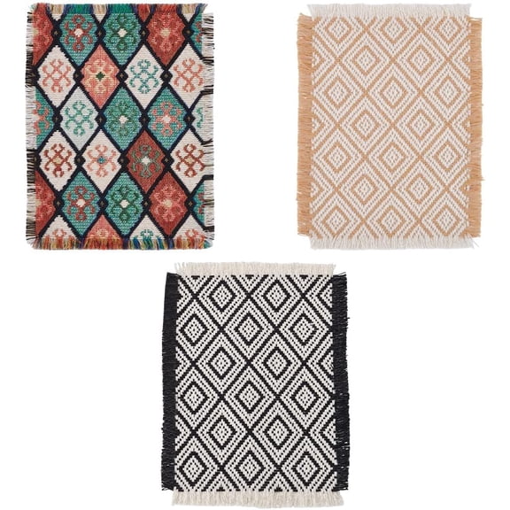 3Pcs Miniature Dollhouse Rugs 1/12 Scale Modern Geometric Dollhouse Miniature Rug 4.7x6.7Inch Rectangle Rhombus Mini Blanket Floral Print Vintage Woven Rug Mini House Accessories