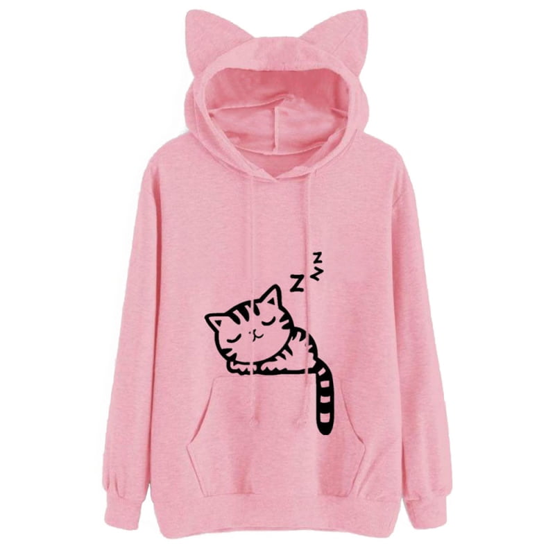 Women Long Sleeve Hoodies Cute Cat Ear Novelty Printed Pullover Sweatshirt Top Casual Comfy Tunics Blouse with Pockets 