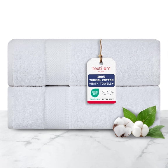 TEXTILOM 100% Turkish Cotton 2 Pcs Bath Towel Set, Luxury Bath Towels for Bathroom, Soft & Absorbent Hotel Quality Bathroom Towels Set (27 x 54 inches)- White
