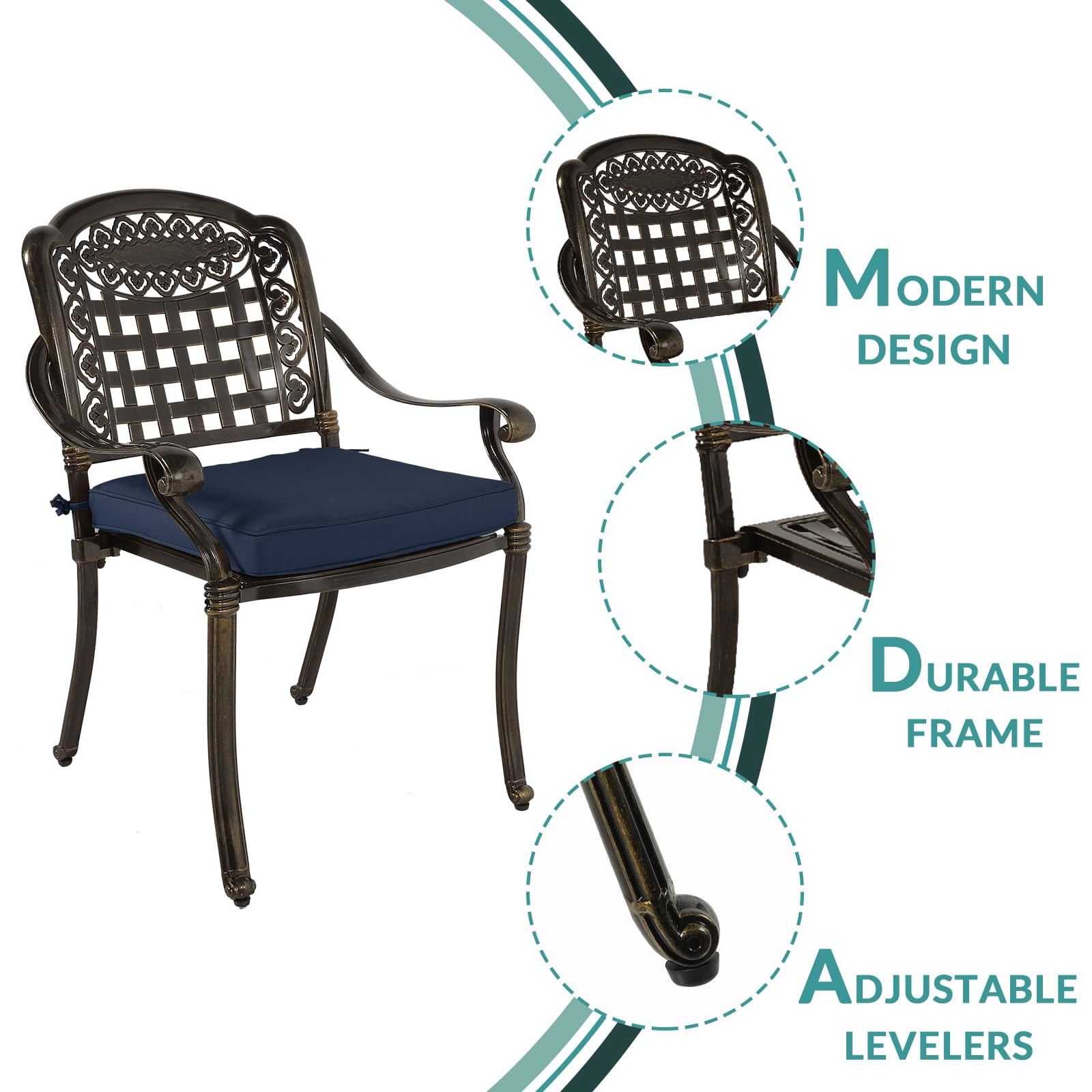 MEETWARM 9-Piece Outdoor Furniture Dining Set, All Weather Cast Aluminum Patio Garden Set with 8 Chairs, 8 Cushions, 1 Oval Table, 2.2" Umbrella Hole, Dark Bronze, Navy Blue