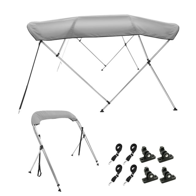 KFFKFF Housse de Bimini Bateau à 4 Arcs, Auvent en Polyester 900D Durable, Cadre en Aluminium 1 Pouces, Résistant à l'Eau et Protection UV, avec Housse de Rangement, 4 Sangles, 2 Poteaux, 8'L x 54"H x 91 Pouces-96"W, Gris Clair