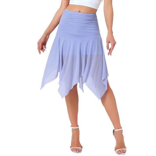 Faldas midi de malla fluidas con fruncidos y cintura alta asimétrica para mujeres INSPIRE CHIC S Azul