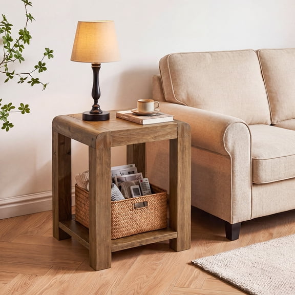 Finmind Solid wood Side Table, 19" Narrow End Table with Storage Shelf for Living Room, Rustic Brown