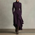 thumbnail image 2 of LNWUY Women's Long Sleeve Stretch Knit Ruffle Asymmetrical Dress Turtleneck Solid Trendy Western Dress Elegant Fashion Purple XL, 2 of 6