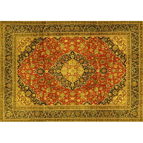 Ahgly Company Machine Washable Indoor Rectangle Medallion Yellow Traditional Area Rugs, 7' x 10'