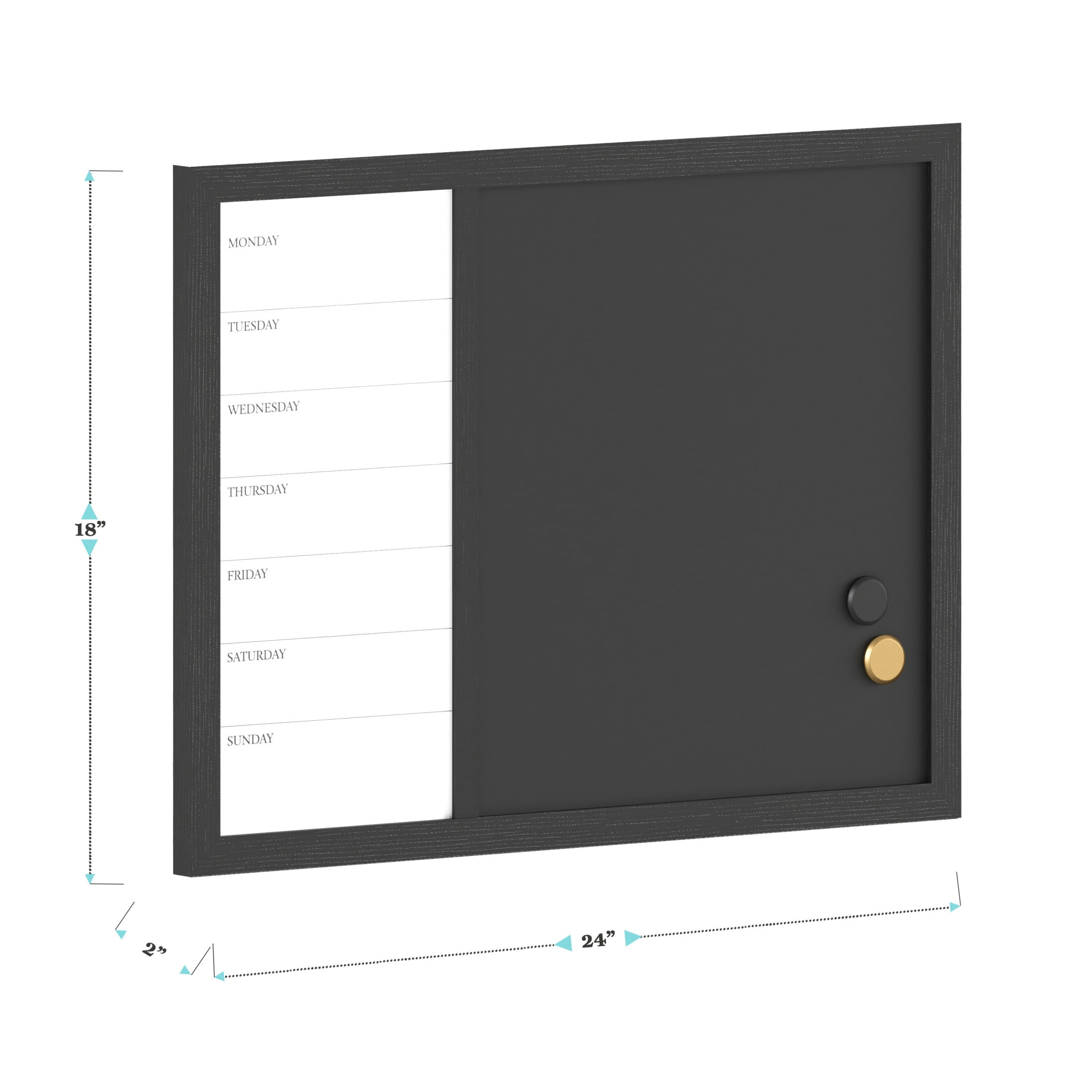 Martha Stewart Everette 24"x18" Magnetic Weekly Calendar Dry Erase Board and Chalk Board with Liquid Chalk Marker and Magnets, Black Woodgrain Frame