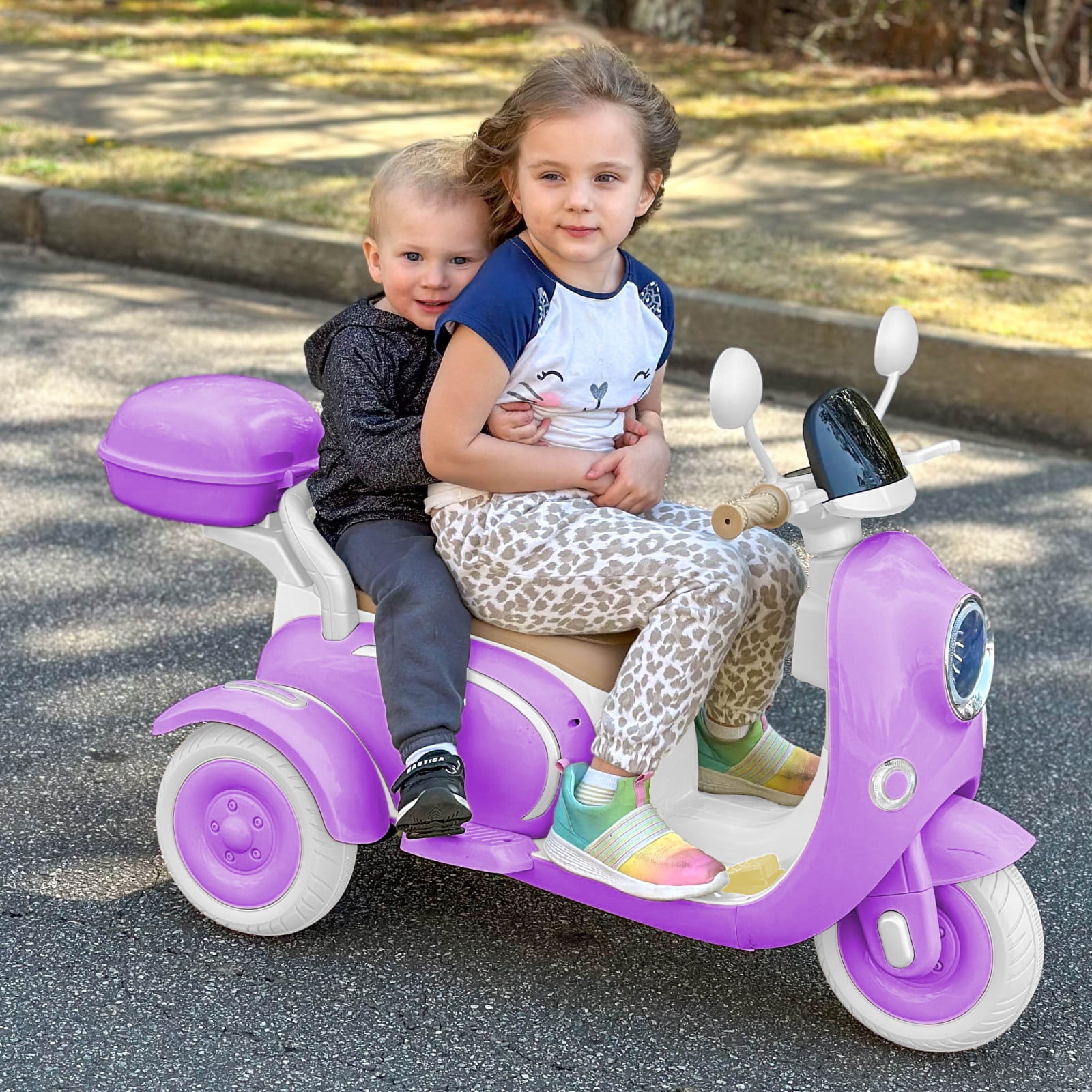 BKIRNP 12V Kids Electric Motorcycle Battery 3-Wheeler Tricycle w/Bluetooth Music LED Storage Box