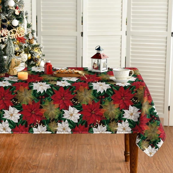 Christmas Tablecloth 60×104 Inch, Poinsettia Red White Washable Table Cover for Party Picnic Dinner Decor
