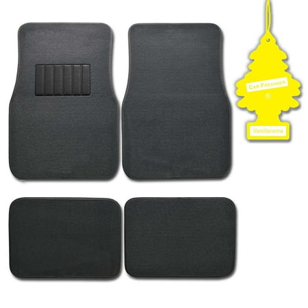 Charcoal 4 Pc Universal Carpet Car Mats w/ Heel Pad + Little Tree Vanilla, Protects against spills, stains, dirt and debris. By