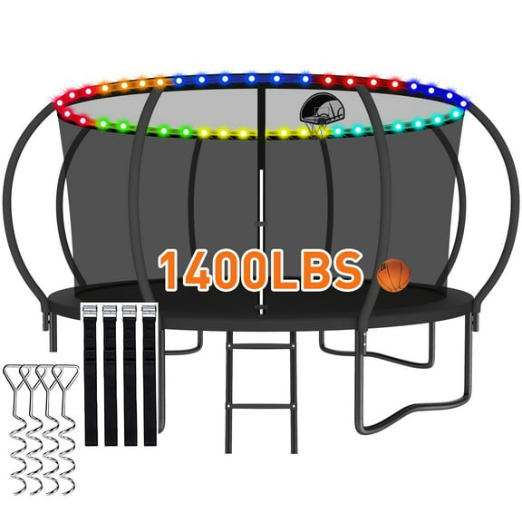 CITYLE Trampoline 1500LBS 12 14 15 16 FT Trampoline for Kids and Adults with Lights, 14FT Trampoline with Enclosure Net, Basketball Hoop, Wind Stakes, Heavy Duty Trampolines Outdoor
